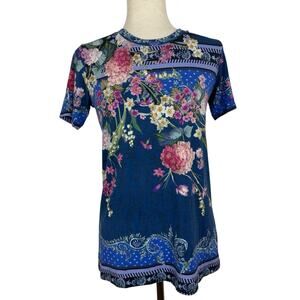 Johnny Was Top Women XS Revive Favorite Tee Blue Floral Boho Bamboo Stretch